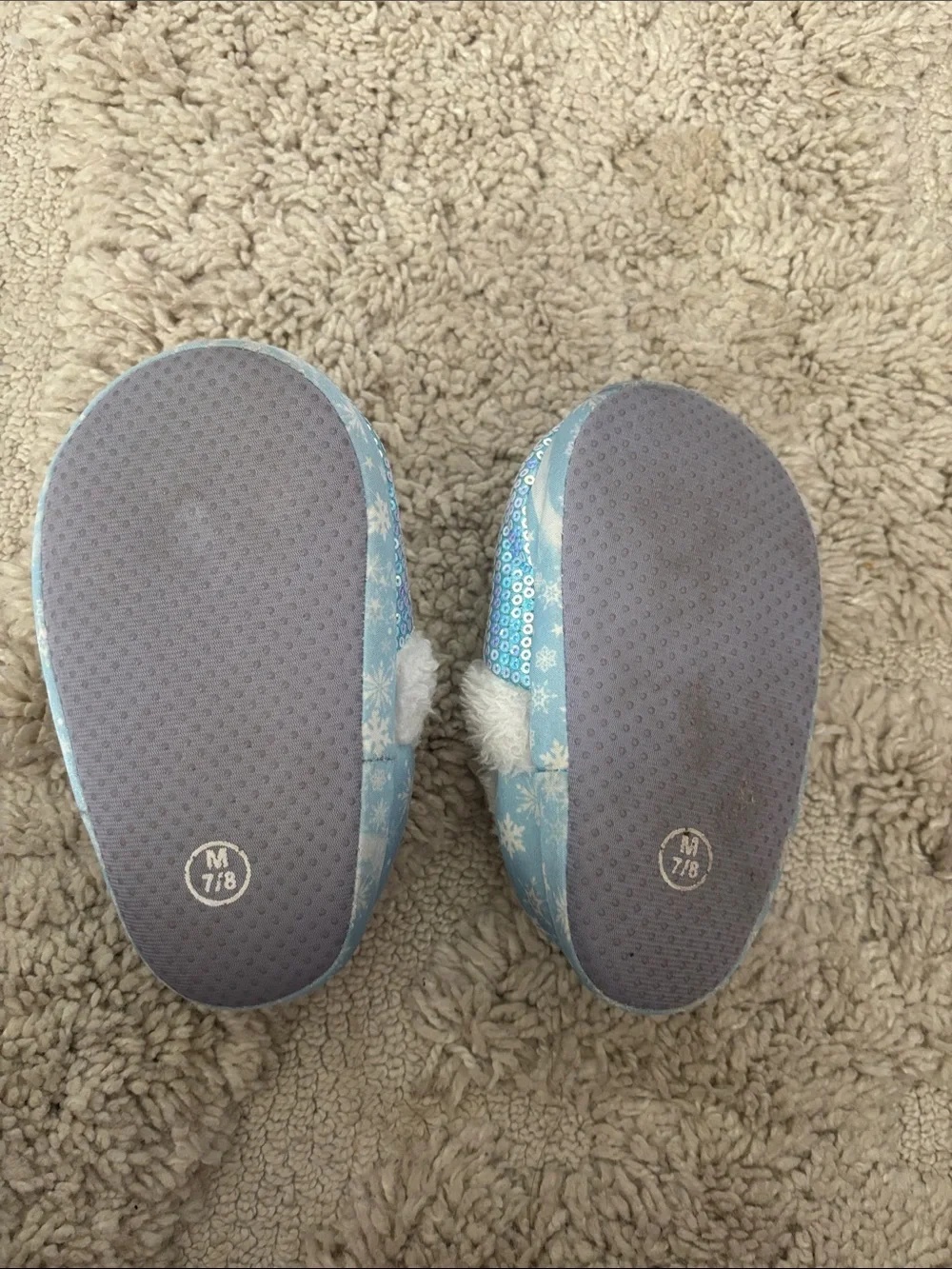 Disney Frozen Light Blue Sequin Kids Slippers with Anna & Elsa - 7/8